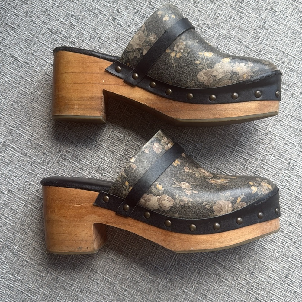 Free People Floral Leather Clogs in Black and Pink - Picture 12 of 15